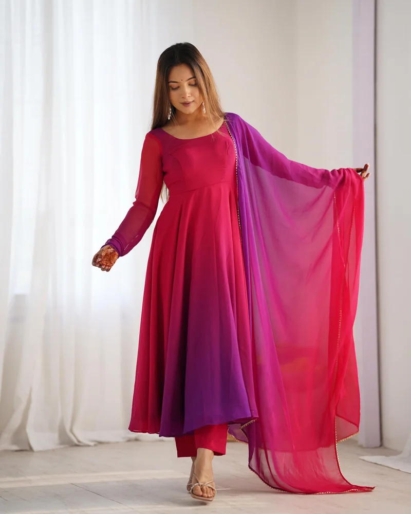جو سريكي جورجيت أناركالي للسيدات من GoSriKi كورتا صلبة مع بنطال ودوباتا (SADE PINK-VKS01-GS_L_Pink_Large)